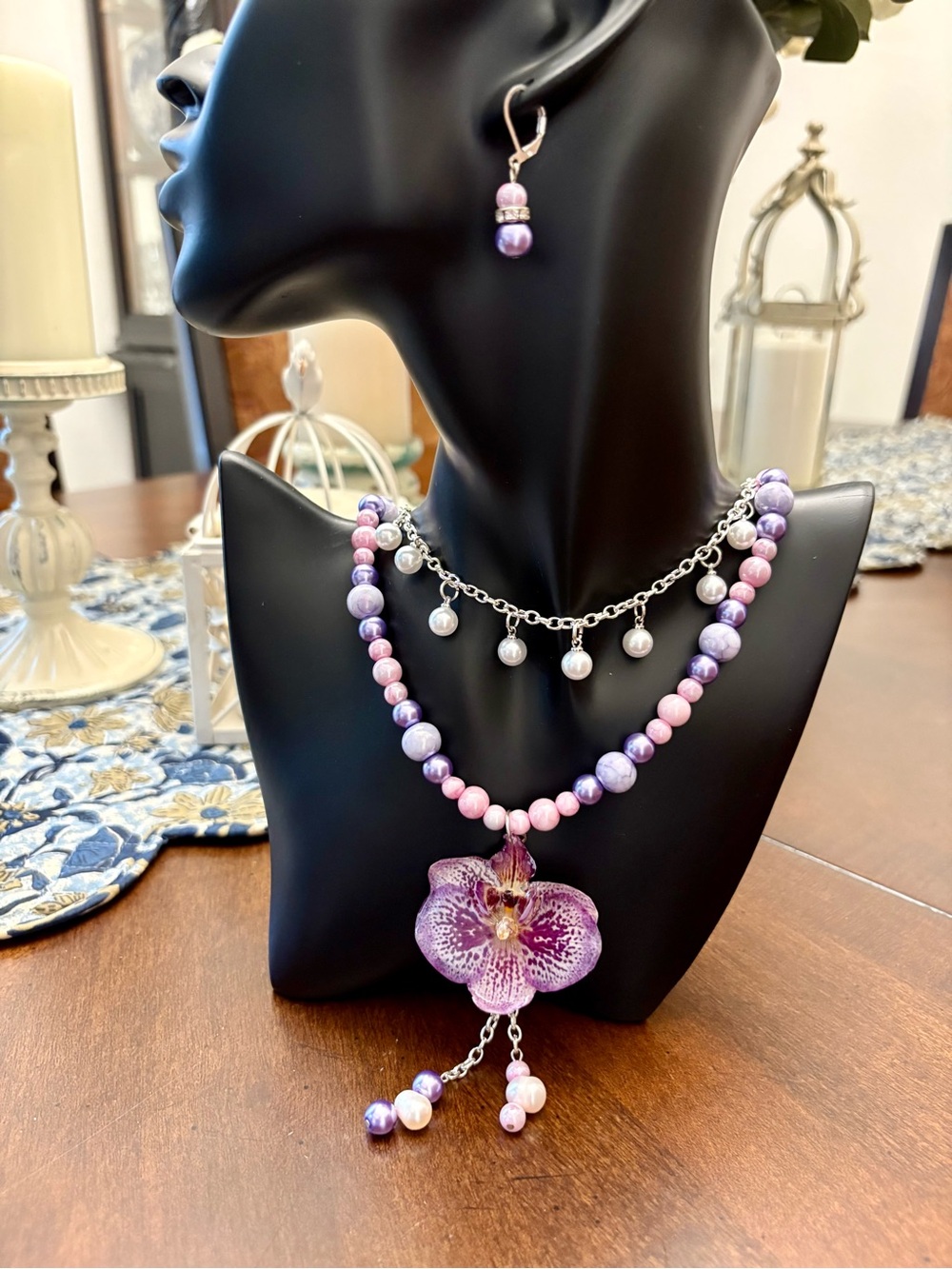Handmade Pink & Purple Orchid Pendant Necklace and Earring Set